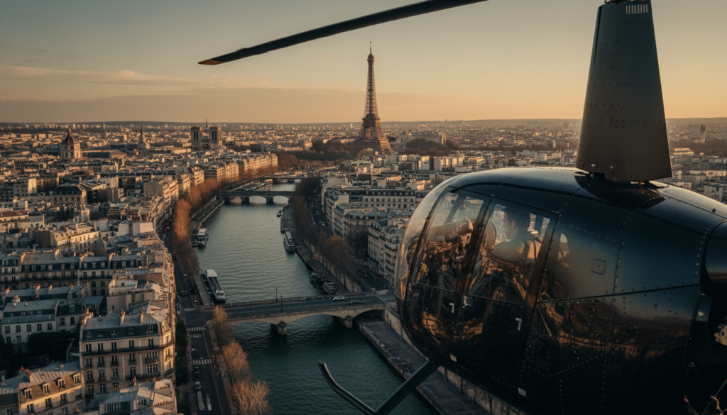 A breathtaking aerial view of Paris featuring a sleek luxury helicopter soaring high above iconic landmarks such as the Eiffel Tower and the Seine River. In the foreground, capture elegant helicopter details with polished metallic surfaces reflecting sunlight. The middle ground showcases the beautiful Parisian skyline, punctuated by historic architecture and chic rooftops, bathed in warm golden sunrise lighting. In the background, the soft blur of the distant horizon highlights the charm of the city. The atmosphere is one of luxury and adventure, with a sense of exclusivity. The image should be highly detailed, shot with a wide-angle lens in cinematic style, providing clarity and rich textures, all in stunning 8k resolution.