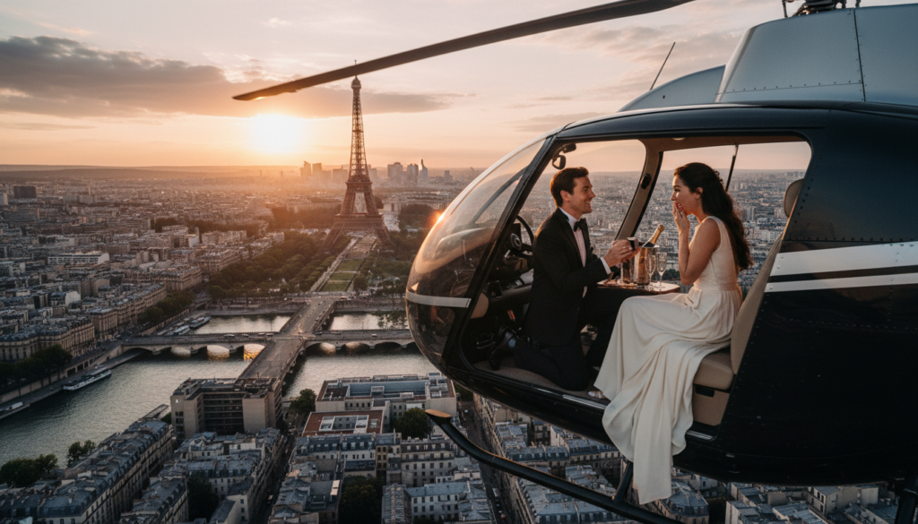 A breathtaking aerial view of a luxury helicopter gliding gracefully over the iconic skyline of Paris at sunset, radiating soft golden and pink hues. In the foreground, a couple dressed in elegant attire embraces, with a sense of joy and anticipation as they prepare for a romantic proposal. The helicopter's sleek design contrasts with the historic architecture below, including the Eiffel Tower and Seine River bathed in warm light. In the middle ground, the sprawling cityscape showcases Parisian rooftops and the shimmering waters of the Seine, creating a sense of wonder. The image captures a cinematic atmosphere with highly detailed textures and dramatic lighting, emphasizing the luxury and romance of this unforgettable experience. 8k resolution for sharp clarity.