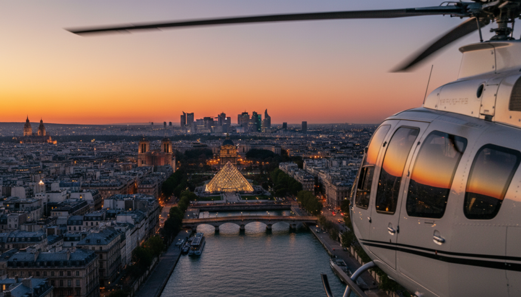 A breathtaking panoramic view of a luxury helicopter soaring over iconic Paris landmarks, including the Eiffel Tower, Louvre Museum, and the Seine River. In the foreground, the sleek helicopter features large glass windows reflecting the shimmering city below. In the middle ground, the historical architecture of Paris is visible, bathed in soft golden light as the sun sets, creating an enchanting atmosphere. The background showcases an expansive skyline, with the warm hues of twilight blending into the deepening blue of the sky. Shot with a wide-angle lens at an elevated angle, this image captures the elegance and excitement of helicopter tours in Paris, emphasizing the luxurious experience of exploring the city from above. Highly detailed textures and 8k resolution enhance the visual impact.