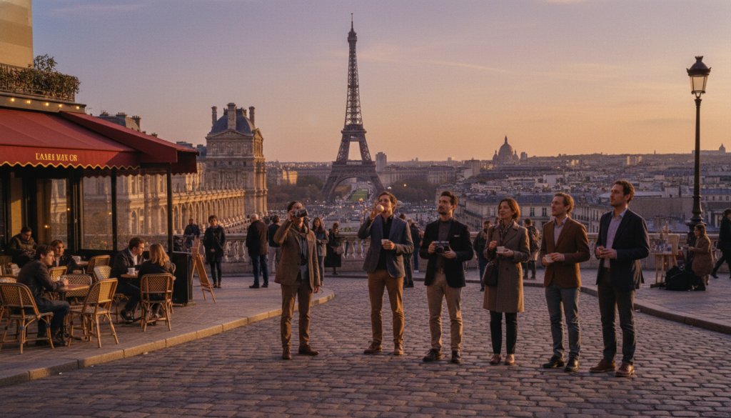 A breathtaking panoramic view of iconic Parisian landmarks representing culture and entertainment, including the Eiffel Tower, the Louvre Museum, and the charming streets of Montmartre with artists at work. In the foreground, a group of professionals in smart casual attire marvels at a street performer, capturing the ambiance of a vibrant city life. The middle ground features an inviting café where patrons enjoy a leisurely coffee, and tourists admire the architecture. In the background, soft cinematic lighting illuminates the scene during the golden hour, casting warm hues across the buildings. The image captures intricate details of stone facades and lively street activity, emphasizing the cultural richness and artistic vibe of Paris, all in stunning 8k resolution for a vivid, immersive experience.