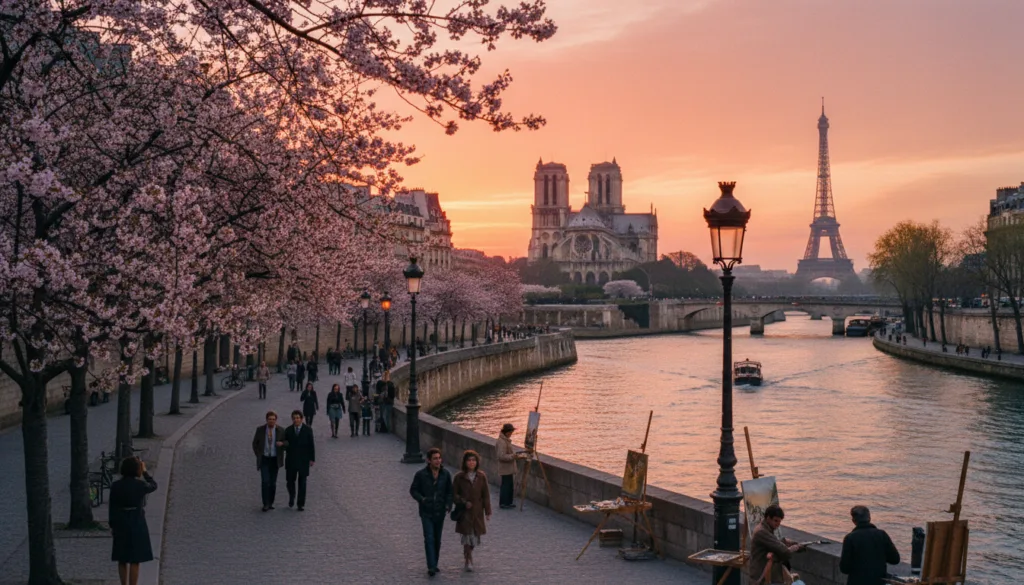 Una vista impresionante del río Sena en París, con emblemáticos monumentos como la Torre Eiffel y la Catedral de Notre-Dame al fondo. En primer plano, un pintoresco paseo ribereño bordeado de cerezos en flor y encantadoras farolas. Turistas con ropa informal pasean por la orilla, disfrutando del ambiente vibrante, mientras artistas instalan sus caballetes para plasmar la belleza que los rodea. La escena se baña en una suave luz cinematográfica al atardecer, que proyecta cálidos tonos dorados y crea largas sombras. La imagen debe ser muy detallada, mostrando las intrincadas texturas de la arquitectura histórica y los serenos reflejos del agua, con una resolución de 8K para una experiencia visual impactante.