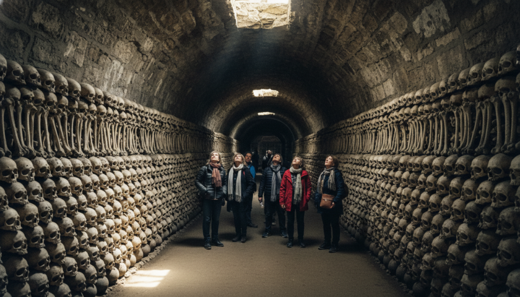 A breathtaking view into the Paris catacombs, emphasizing the intricate network of stone tunnels lined with age-worn skulls and bones. In the foreground, a soft beam of light filters through cracks in the ceiling, illuminating the damp, textured walls and revealing long shadows that enhance the depth of the scene. The middle ground features a small group of tourists, dressed in modest casual clothing, cautiously exploring the history-laden passage, with expressions of awe on their faces. In the background, the winding path leads into darker, more mysterious areas, inviting intrigue. The composition captures the atmospheric essence of this hidden underworld, with cinematic lighting casting an eerie yet captivating mood. High-resolution, with a focus on the rich textures and details of this underground experience.