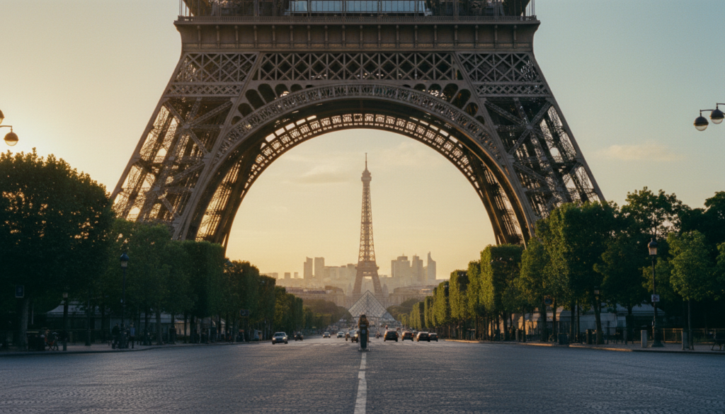 A breathtaking view of Paris featuring major landmarks, including the Eiffel Tower and the Arc de Triomphe in the foreground and mid-ground. The Eiffel Tower, standing majestically, captures the warm glow of the setting sun, casting long shadows onto the cobblestone streets. The Arc de Triomphe, adorned with intricate carvings, is surrounded by lush greenery, highlighting its grandeur. The background showcases a softly blurred skyline with hints of other iconic Parisian architecture like the Louvre and Sacré-Cœur. The scene is lit with cinematic golden hour lighting, enhancing the romantic atmosphere of Paris. The image is highly detailed with rich textures, presented in 8k resolution, inviting viewers to immerse themselves in the beauty of the city's landmarks.