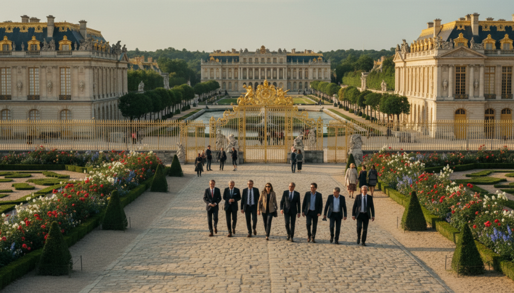 A breathtaking view of the grand entryway of the Palace of Versailles, showcasing its iconic architecture and ornate details. In the foreground, elegant stone pathways lead visitors toward the massive gilded gates, lined with meticulously maintained gardens filled with colorful flowers and neatly trimmed hedges. The middle ground features tourists in professional business attire exploring the estate, admiring the intricate façade of the palace under soft, cinematic lighting that casts a warm glow. In the background, the lush landscape of the Versailles estate stretches out, with fountains and historic trees. The overall atmosphere is one of awe and admiration, captured in ultra-high-definition, 8k resolution, with highly detailed textures that bring the scene to life.