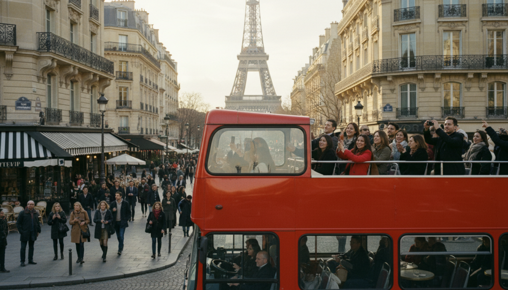 A bustling Paris street scene featuring a vibrant red double-decker bus tour, with passengers on the upper deck enjoying the iconic views of the Eiffel Tower in the background. The foreground shows the bus in sharp focus, adorned with detailed textures of its exterior. In the middle ground, a lively crowd walks along the sidewalk, dressed in smart casual clothing, taking in the sights. The backdrop captures the enchanting Parisian architecture, with ornate buildings and street cafes. Soft, cinematic lighting enhances the atmosphere, casting golden hues that evoke a warm, inviting mood. The image is rendered in 8k resolution to reveal intricate details, such as the reflections on the bus windows and the lively expressions of the tourists.