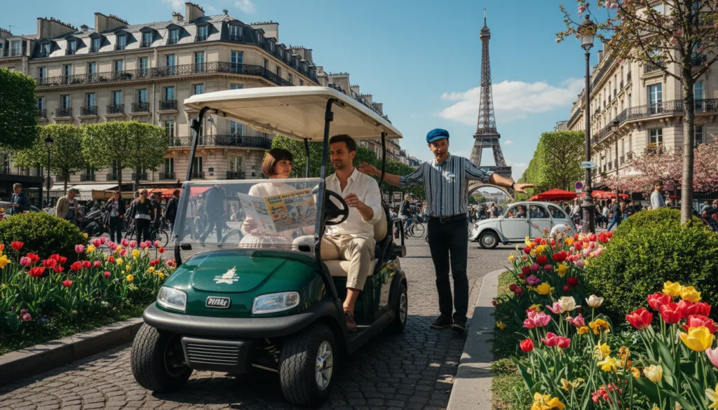 Una animada escena de carrers parisencs que mostra un encantador recorregut amb carret de golf en acció. En primer pla, un carret de golf elegant i modern amb dos passatgers vestits amb roba informal però elegant, examinant un fullet ple de color amb diverses opcions de recorreguts amb carret de golf. Al centre, un guia turístic amable assenyala amb entusiasme monuments emblemàtics com la Torre Eiffel i el Louvre, envoltats d'una vegetació exuberant i flors de primavera vibrants. El fons presenta una arquitectura clàssica parisenca sota un cel blau brillant amb núvols suaus i esponjosos. La llum solar natural projecta ombres càlides i acollidores, millorant l'atmosfera animada. La imatge ha de tenir una qualitat cinematogràfica amb textures molt detallades, capturades en resolució de 8k des d'un angle lleugerament elevat per crear profunditat i interacció. Una animada escena de carrers parisencs que mostra un encantador recorregut amb carret de golf en acció. En primer pla, un carret de golf elegant i modern amb dos passatgers vestits amb roba informal però elegant, examinant un fullet ple de color amb diverses opcions de recorreguts amb carret de golf. Al centre, un guia turístic amable assenyala amb entusiasme monuments emblemàtics com la Torre Eiffel i el Louvre, envoltats d'una vegetació exuberant i flors de primavera vibrants. El fons presenta una arquitectura clàssica parisenca sota un cel blau brillant amb núvols suaus i esponjosos. La llum solar natural projecta ombres càlides i acollidores, millorant l'atmosfera animada. La imatge ha de tenir una qualitat cinematogràfica amb textures molt detallades, capturades en resolució de 8k des d'un angle lleugerament elevat per crear profunditat i interacció.