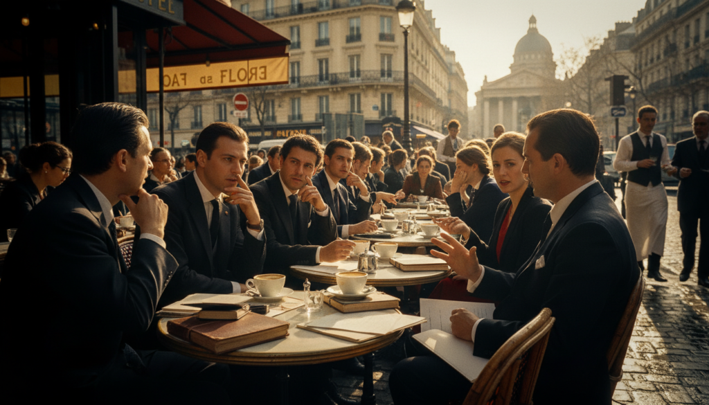 A bustling Parisian café scene on the Left Bank, showcasing a group of elegantly dressed writers and intellectuals engrossed in lively discussion. In the foreground, a round table filled with notebooks, pens, and steaming cups of coffee. The middle ground features a diverse mix of patrons in stylish business attire and modest casual clothing, with animated gestures and thoughtful expressions. In the background, iconic Parisian architecture hints at the historical significance of the area, bathed in warm, golden sunlight casting soft shadows. Capture this image with cinematic lighting and dynamic angles, emphasizing the rich textures of the café's outdoor terrace. Aim for an 8k resolution, bringing out the vibrancy and atmosphere of the literary and existentialist café culture of Paris. A bustling Parisian café scene on the Left Bank, showcasing a group of elegantly dressed writers and intellectuals engrossed in lively discussion. In the foreground, a round table filled with notebooks, pens, and steaming cups of coffee. The middle ground features a diverse mix of patrons in stylish business attire and modest casual clothing, with animated gestures and thoughtful expressions. In the background, iconic Parisian architecture hints at the historical significance of the area, bathed in warm, golden sunlight casting soft shadows. Capture this image with cinematic lighting and dynamic angles, emphasizing the rich textures of the café's outdoor terrace. Aim for an 8k resolution, bringing out the vibrancy and atmosphere of the literary and existentialist café culture of Paris.