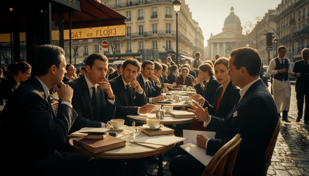 Una animada escena en un café parisino de la orilla izquierda, donde un grupo de escritores e intelectuales elegantemente vestidos conversan animadamente. En primer plano, una mesa redonda repleta de cuadernos, bolígrafos y tazas humeantes de café. En el plano medio, se observa una variada mezcla de clientes con elegantes atuendos de negocios y ropa informal discreta, con gestos expresivos y expresiones pensativas. Al fondo, la icónica arquitectura parisina sugiere la importancia histórica de la zona, bañada por una cálida luz dorada que proyecta suaves sombras. Captura esta imagen con iluminación cinematográfica y ángulos dinámicos, resaltando las ricas texturas de la terraza del café. Busca una resolución 8K para capturar la vitalidad y la atmósfera de la cultura literaria y existencialista de los cafés parisinos.