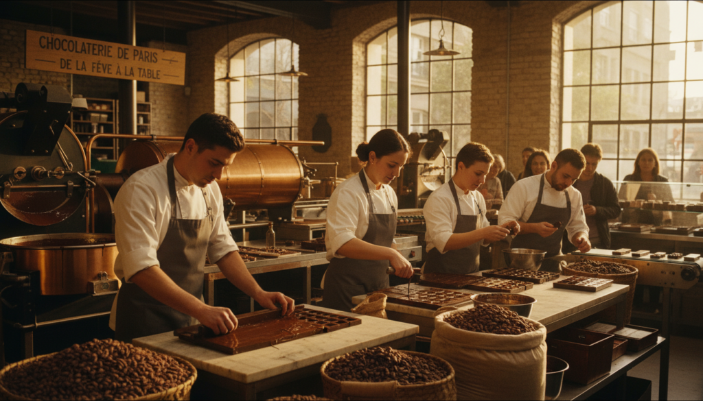 A bustling bean-to-bar chocolate factory tour in Paris, featuring a warm, inviting atmosphere with rich brown and gold tones. In the foreground, skilled artisans in professional attire meticulously handcrafting chocolate, surrounded by cacao beans and vibrant, colorful molds. In the middle ground, modern machinery and intricate equipment for tempering and molding chocolate are visible, reflecting the craftsmanship of the production process. The background showcases large windows allowing natural light to illuminate the space, highlighting the textures of the glossy chocolate and rustic factory walls. The overall mood is vibrant and artisanal, capturing the passion and expertise involved in creating chocolate from bean to bar, with an emphasis on the journey and experience of chocolate-making. Raw photograph style, cinematic lighting, highly detailed textures, 8k resolution.