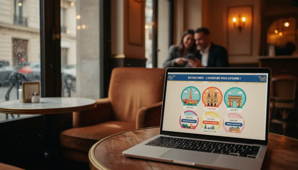 Isang masiglang digital na kapaligiran na naglalarawan ng isang user-friendly na interface ng website para sa pag-book ng mga tiket ng Big Bus Tours sa Paris. Sa harapan, isang makinis na laptop ang nagpapakita ng isang bukas na window ng browser na nagpapakita ng matingkad na mga larawan ng mga iconic na landmark ng Paris, tulad ng Eiffel Tower at Louvre, kasama ang mga presyo at mga opsyon sa pag-book, lahat ay nasa istilo ng Pranses. Ang gitnang lugar ay nagpapakita ng isang eleganteng dinisenyong background ng isang café sa Paris, na may mainit at nakakaengganyong kapaligiran na nilikha ng malambot at sinematikong ilaw. Makikita ang mga banayad na repleksyon ng buhay sa Paris sa pamamagitan ng isang bintana, kabilang ang isang magkasintahan na nakasuot ng smart casual na damit na pinag-uusapan ang kanilang mga plano sa paglilibot. Ang buong eksena ay kumukuha ng isang pakiramdam ng pananabik at pag-asam, na may mga detalyadong texture na nagbibigay-diin sa kapaligiran ng pagpaplano ng isang di-malilimutang paglalakbay sa Paris. Ang imahe ay nai-render sa nakamamanghang 8k resolution upang i-highlight ang bawat detalye.