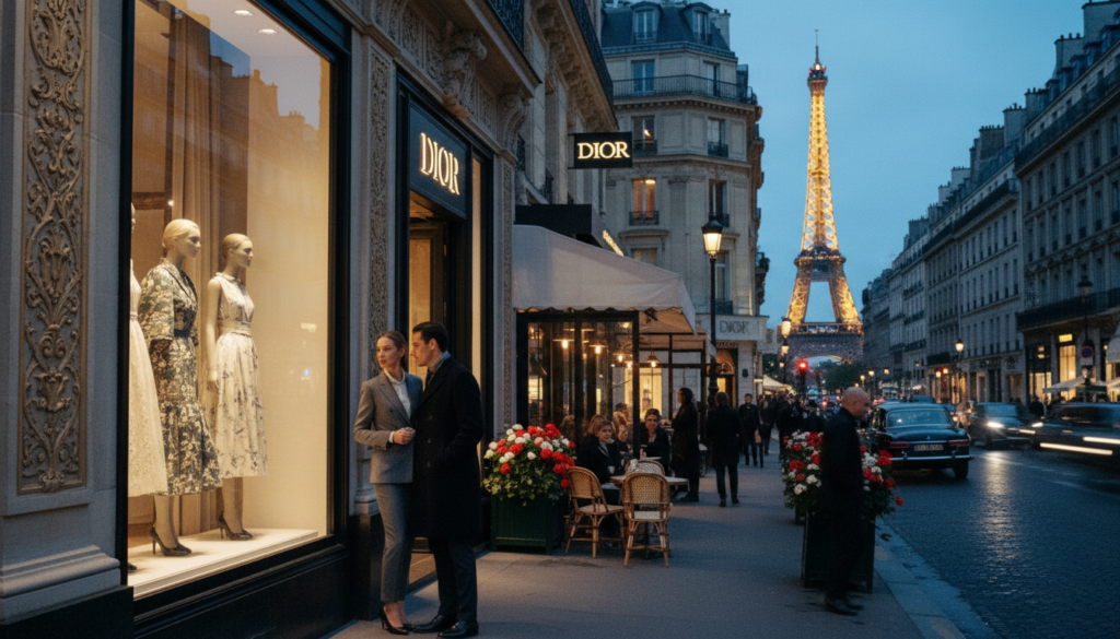 A bustling street in the Triangle d'Or district of Paris, showcasing luxury fashion houses with elegant storefronts. In the foreground, a stylishly dressed couple in professional attire admire a chic boutique window displaying haute couture garments. The middle ground features a well-known luxury brand’s façade, detailed with elaborate architectural elements and vibrant flowers adorning nearby cafés. The background includes the iconic Parisian skyline with the Eiffel Tower subtly lit by warm evening light. Capture the scene with a raw photograph style, using cinematic lighting to enhance textures and colors, emphasizing the opulence of the fashion district. The image should evoke a sense of sophistication, allure, and the exclusive atmosphere of high-end fashion in Paris, rendered in 8k resolution.