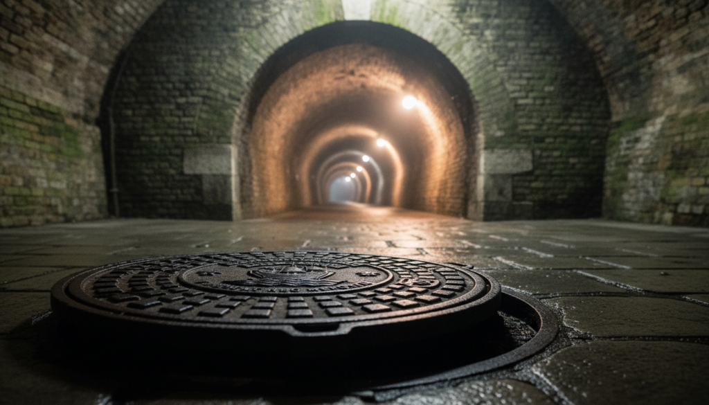 A captivating entrance to the Paris sewers, depicted in a raw photograph style. The foreground features a sturdy, intricately designed manhole cover with engraved details and the iconic Paris insignia, partially opened to hint at the mysterious depths below. In the middle ground, a softly lit walkway leads to a vintage archway, adorned with moss and age-worn stones, suggesting the historical significance of the site. The background showcases a dimly lit tunnel, with atmospheric fog curling around the edges, illuminated by subtle, warm-toned cinematic lighting that enhances the textures of the brick and stone. The mood is both intriguing and slightly eerie, inviting exploration while maintaining a sense of professionalism and safety. Captured in 8k resolution, focusing on the depth of field to accentuate the details and textures.