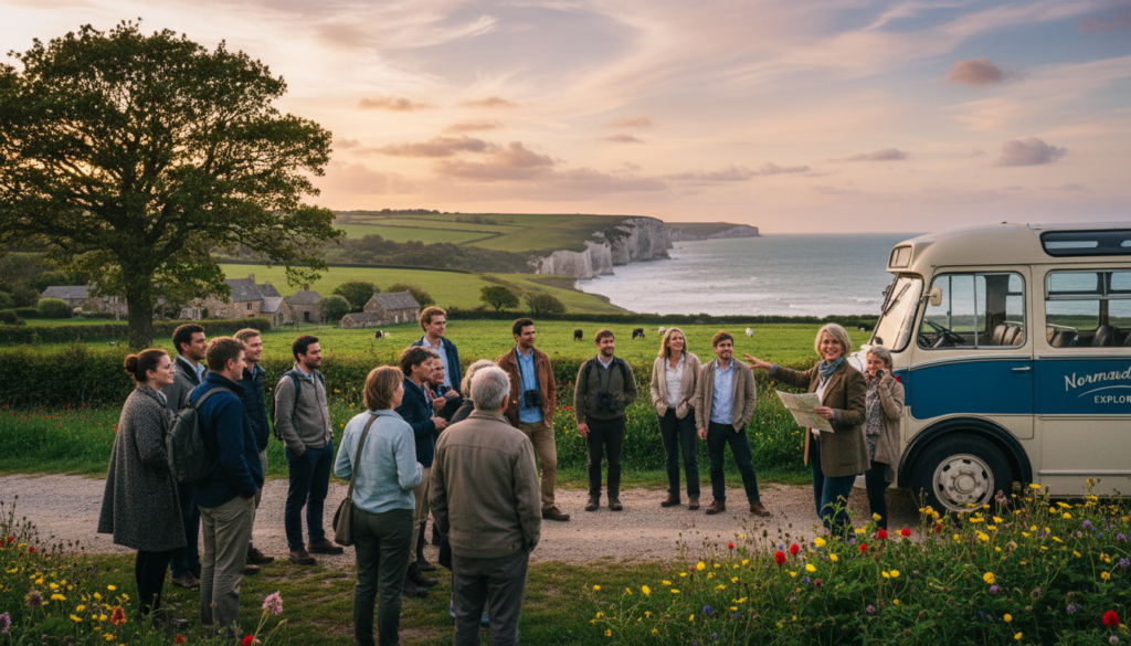 A captivating multi-day Normandy tour scene, showcasing a charming tour bus parked by a lush, rolling countryside, dotted with vibrant green fields and picturesque farms. In the foreground, a diverse group of travelers in modest casual clothing is engaging with a knowledgeable tour guide, who is pointing towards a scenic vista of the distant cliffs and coastline of Normandy. The middle ground features the tour bus adorned with subtle branding, surrounded by wildflowers and trees. The background captures dramatic skies with soft, golden sunset lighting, enhancing the beauty of the landscape. The atmosphere is warm and inviting, encouraging exploration and adventure. Shot in raw photography style, emphasizing highly detailed textures and colors in 8k resolution, with a cinematic feel that evokes a sense of wonder and discovery. A captivating multi-day Normandy tour scene, showcasing a charming tour bus parked by a lush, rolling countryside, dotted with vibrant green fields and picturesque farms. In the foreground, a diverse group of travelers in modest casual clothing is engaging with a knowledgeable tour guide, who is pointing towards a scenic vista of the distant cliffs and coastline of Normandy. The middle ground features the tour bus adorned with subtle branding, surrounded by wildflowers and trees. The background captures dramatic skies with soft, golden sunset lighting, enhancing the beauty of the landscape. The atmosphere is warm and inviting, encouraging exploration and adventure. Shot in raw photography style, emphasizing highly detailed textures and colors in 8k resolution, with a cinematic feel that evokes a sense of wonder and discovery.