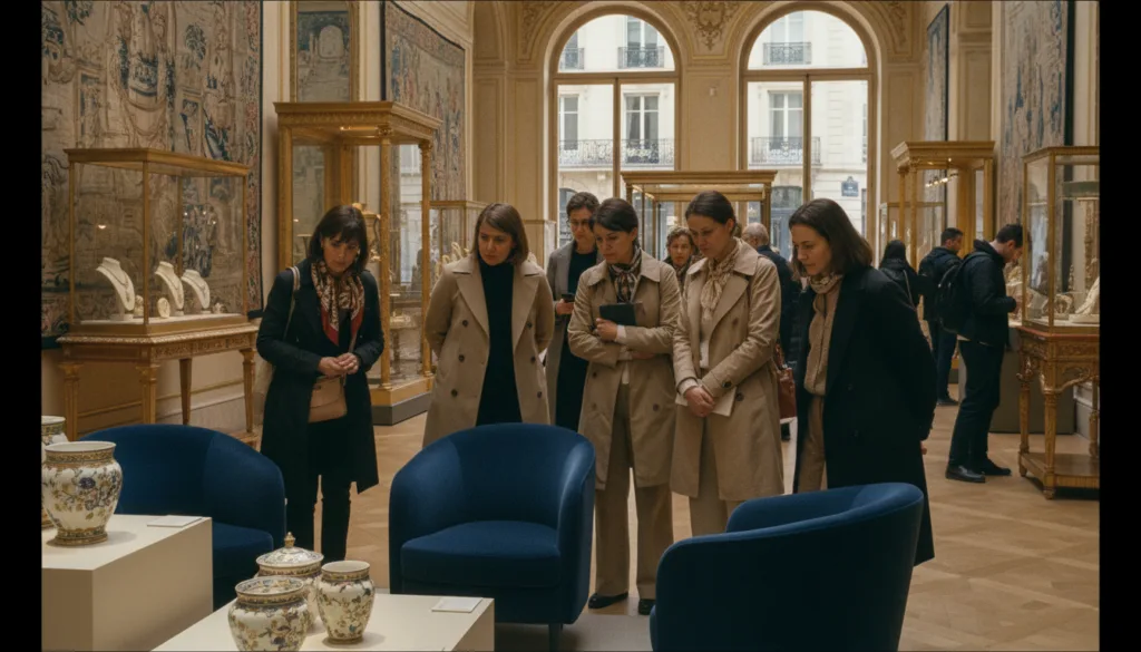 Une scène captivante de visite d'un musée parisien consacré aux arts décoratifs et au design met en scène un groupe de visiteurs aux profils variés, vêtus de tenues élégantes et décontractées, explorant avec attention des pièces raffinées. Au premier plan, une vitrine baignée de lumière présente des céramiques finement travaillées et des meubles élégants, dont le savoir-faire est admiré. Au second plan, une galerie richement décorée, ornée de luminaires et d'objets design, est éclairée par une lumière douce et cinématographique qui souligne les textures et les couleurs. À l'arrière-plan, de grandes fenêtres dévoilent l'architecture parisienne emblématique, tandis que des passants flânent à l'extérieur. L'atmosphère générale est empreinte d'inspiration et d'appréciation artistique, avec un sentiment d'élégance et de richesse culturelle. Filmé en résolution 8K pour une netteté exceptionnelle.