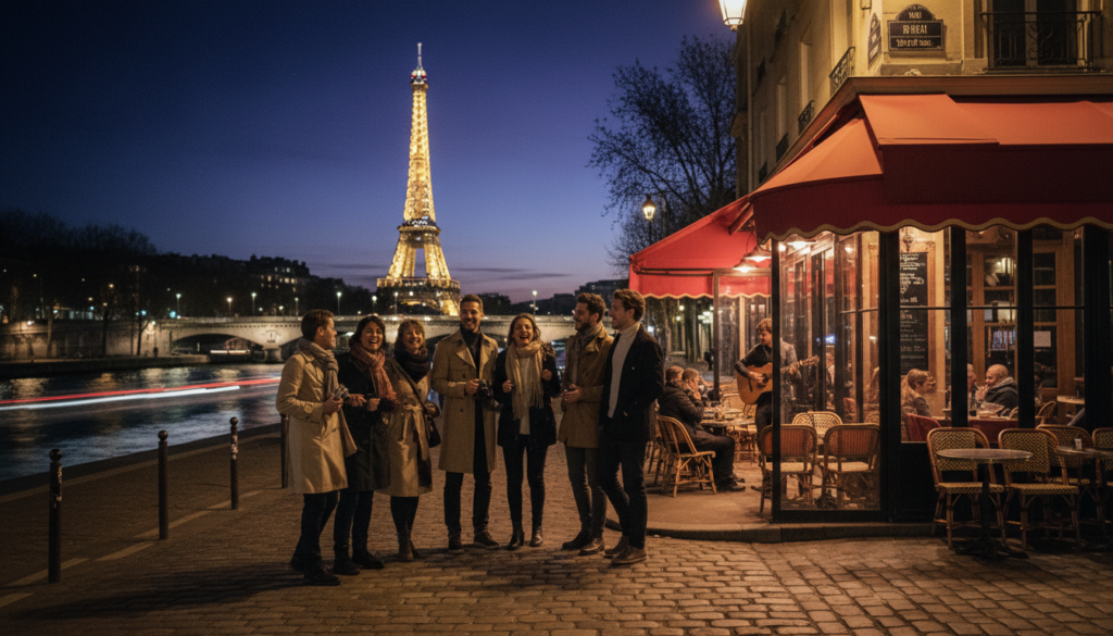 A captivating nighttime scene in Paris, showcasing a lively street bustling with tourists on an intriguing after-dark tour. In the foreground, a small group of people dressed in stylish casual clothing, engaged in conversation while admiring the Eiffel Tower illuminated against the night sky. The middle ground features a charming café with warm golden lights spilling out onto the street, where a local musician plays softly, enhancing the ambiance. In the background, the iconic Seine River reflects shimmering city lights, framed by historic Parisian architecture under a deep blue twilight. The scene is captured with cinematic lighting, high detail textures, and an 8k resolution to evoke a romantic and adventurous mood, inviting viewers to explore the magic of Paris after sunset. A captivating nighttime scene in Paris, showcasing a lively street bustling with tourists on an intriguing after-dark tour. In the foreground, a small group of people dressed in stylish casual clothing, engaged in conversation while admiring the Eiffel Tower illuminated against the night sky. The middle ground features a charming café with warm golden lights spilling out onto the street, where a local musician plays softly, enhancing the ambiance. In the background, the iconic Seine River reflects shimmering city lights, framed by historic Parisian architecture under a deep blue twilight. The scene is captured with cinematic lighting, high detail textures, and an 8k resolution to evoke a romantic and adventurous mood, inviting viewers to explore the magic of Paris after sunset.