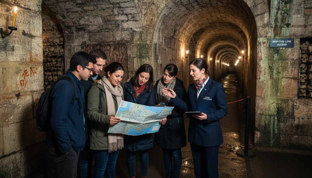 A captivating scene depicting a "Skip-the-Line Catacombs Tour" in Paris. In the foreground, a diverse group of tourists, dressed in smart casual clothing, eagerly looking at a detailed map of the catacombs. The middle layer features ancient stone archways and intricate, weathered inscriptions on the walls, illuminating a sense of history and mystery. Tour guide in a professional outfit points out details, highlighting the ease of access to the skip-the-line experience. The background showcases a dimly lit corridor, with flickering candlelight reflecting off the damp stone, creating an atmospheric, immersive environment. The moody and intriguing lighting enhances the textures of the stone and the excited expressions of the tourists. The image is captured in 8k resolution with cinematic lighting for a highly detailed and vivid representation.