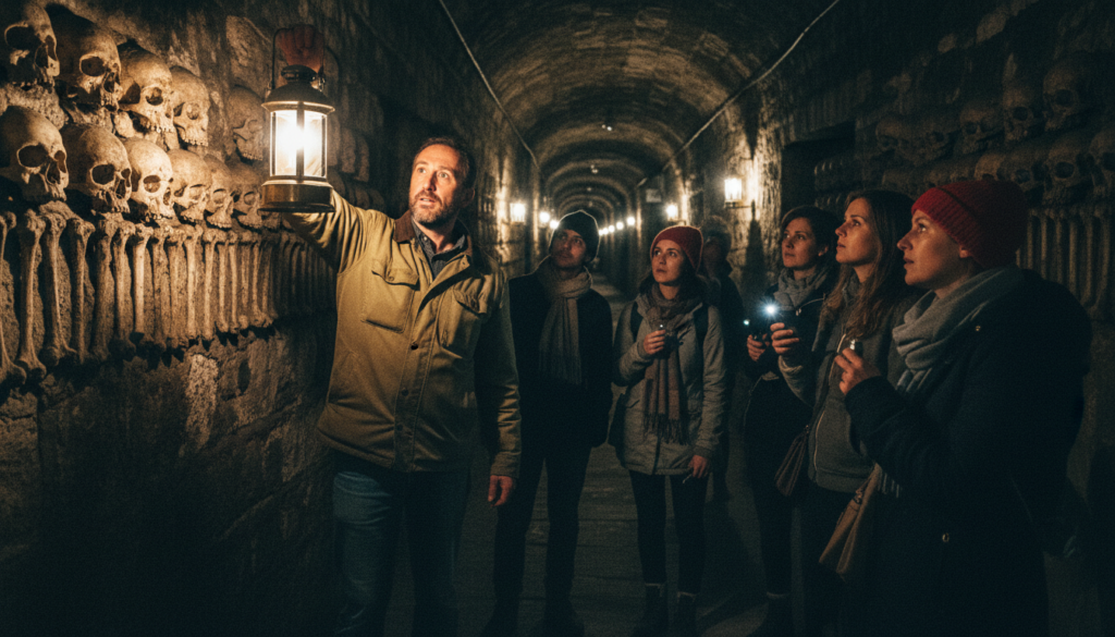 A captivating scene inside the Paris catacombs, showcasing a guided tour with small groups of tourists clad in modest casual attire. In the foreground, a knowledgeable guide holds a lantern, illuminating the carved stone walls adorned with skulls and bones, emphasizing the eerie yet intriguing nature of the catacombs. The middle ground features a diverse group of tourists, engaged and curious, exploring the intricacies of this underground world. In the background, narrow passageways lead deeper into the catacombs, shrouded in shadows, with flickering lights creating a mysterious atmosphere. The image captures rich textures of ancient stone and bone, framed with cinematic lighting, shot in 8k resolution to highlight the details, evoking a mixture of fascination and respect for the historical significance of the site.