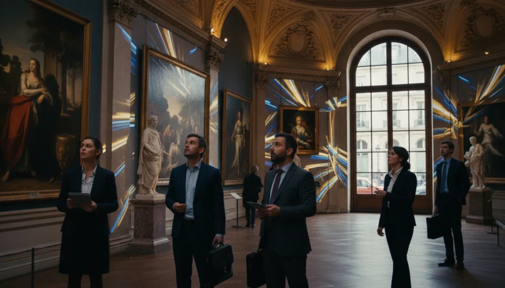 Une scène captivante de l'intérieur d'un musée parisien, mettant en scène des projections d'art numérique immersives. Au premier plan, des visiteurs en tenue professionnelle contemplent les œuvres, leurs expressions mêlant émerveillement et curiosité. Au second plan, des œuvres d'art numérique animées et vibrantes sont projetées de manière transparente sur les murs du musée, créant un dialogue visuel avec les œuvres classiques. L'éclairage, digne du cinéma, avec ses tons doux et chauds, souligne les détails architecturaux, tels que les moulures ornementées et les hauts plafonds, tandis que des ombres profondes enrichissent l'atmosphère. À l'arrière-plan, une fenêtre parisienne emblématique donne sur une rue animée, baignée d'une douce lumière naturelle. L'image, en résolution 8K, offre des textures d'une grande finesse, évoquant une modernité intimement liée à l'histoire de l'art.