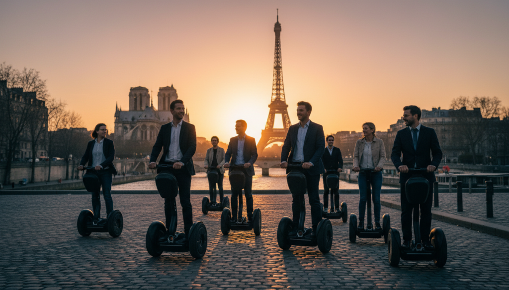 A captivating scene of a guided Segway tour in Paris, showcasing tourists gliding effortlessly along the Seine River. In the foreground, diverse individuals in professional business attire and modest casual clothing navigate their Segways, smiles brightening their faces as they take in the sights. The middle ground features iconic Parisian landmarks, including the Eiffel Tower and Notre-Dame, illuminated by warm, golden sunset lighting, creating a magical ambiance. The background captures a soft, blurred view of the Paris skyline beneath a vibrant sky filled with hues of orange and pink. The camera angle is slightly elevated, offering a dynamic perspective of the tour. The image is rendered in 8k resolution, with highly detailed textures and a cinematic quality, evoking a sense of adventure and exploration in one of the world's most romantic cities.