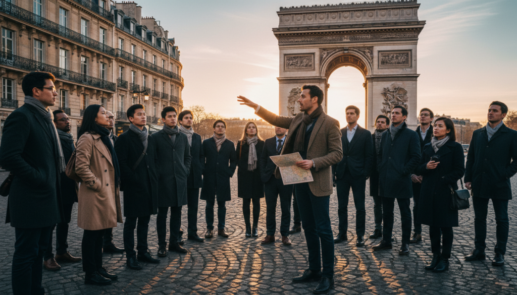 A captivating scene of a guided World War history tour in Paris. In the foreground, a knowledgeable tour guide, dressed in a smart casual outfit, passionately gestures towards an iconic historical landmark, perhaps the Arc de Triomphe or a war memorial, while a group of diverse tourists, also in professional attire, attentively listens. In the middle ground, detailed textures of cobblestone streets and classic Parisian architecture create an authentic atmosphere. In the background, the soft glow of evening sunlight bathes the scene, casting long shadows and enhancing the historical significance of the setting. The mood is both reflective and educational, inviting viewers to explore the rich history of Paris in relation to World War events. The image should have cinematic lighting and be rendered in 8k resolution for striking clarity.