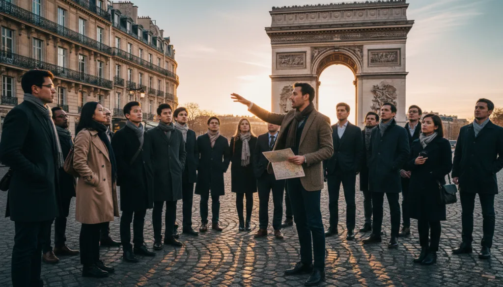 Une scène captivante d'une visite guidée sur l'histoire de la Seconde Guerre mondiale à Paris. Au premier plan, un guide érudit, vêtu d'une tenue élégante et décontractée, désigne avec passion un monument historique emblématique, peut-être l'Arc de Triomphe ou un mémorial de guerre, tandis qu'un groupe de touristes aux profils variés, également en tenue professionnelle, écoute attentivement. Au second plan, les détails des pavés et l'architecture parisienne classique créent une atmosphère authentique. À l'arrière-plan, la douce lumière du soleil couchant baigne la scène, projetant de longues ombres et soulignant la portée historique du lieu. L'ambiance, à la fois propice à la réflexion et instructive, invite les visiteurs à explorer la riche histoire de Paris liée aux événements de la Seconde Guerre mondiale. L'image devrait bénéficier d'un éclairage cinématographique et être rendue en résolution 8K pour une netteté exceptionnelle. Une scène captivante d'une visite guidée sur l'histoire de la Seconde Guerre mondiale à Paris. Au premier plan, un guide érudit, vêtu d'une tenue élégante et décontractée, désigne avec passion un monument historique emblématique, peut-être l'Arc de Triomphe ou un mémorial de guerre, tandis qu'un groupe de touristes aux profils variés, également en tenue professionnelle, écoute attentivement. Au second plan, les détails des pavés et l'architecture parisienne classique créent une atmosphère authentique. À l'arrière-plan, la douce lumière du soleil couchant baigne la scène, projetant de longues ombres et soulignant la portée historique du lieu. L'ambiance, à la fois propice à la réflexion et instructive, invite les visiteurs à explorer la riche histoire de Paris liée aux événements de la Seconde Guerre mondiale. L'image devrait bénéficier d'un éclairage cinématographique et être rendue en résolution 8K pour une netteté exceptionnelle.
