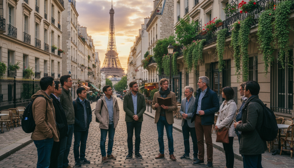 A captivating scene of an English-speaking guided walking tour in a historic neighborhood of Paris. In the foreground, a diverse group of tourists in modest casual clothing listens attentively to a knowledgeable guide, who is gesturing animatedly. The middle ground showcases charming, cobblestone streets lined with classic Parisian buildings adorned with balconies and vibrant flowers. In the background, the iconic silhouette of a distant landmark, such as the Eiffel Tower, can be seen against a soft, cloudy sky. The atmosphere is lively yet relaxed, filled with the warm glow of late afternoon sunlight casting soft shadows. The image should be highly detailed, showcasing textural nuances in the architecture, and captured in 8k resolution with cinematic lighting to emphasize the inviting nature of this thriving cultural experience.