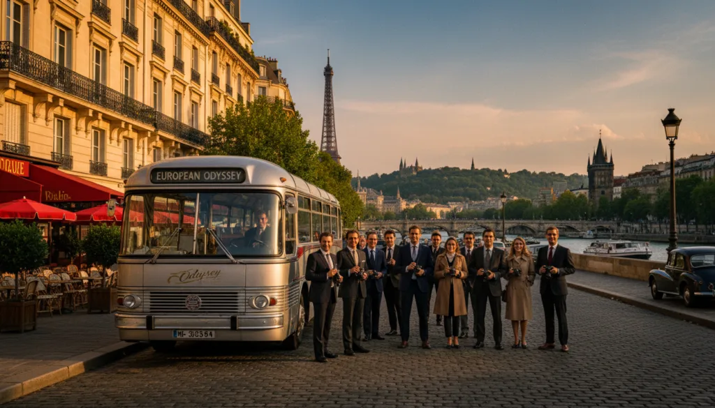 Una escena cautivadora que muestra un vibrante viaje por Europa, comenzando en París y dirigiéndose hacia Europa Central. En primer plano, un elegante autobús turístico está estacionado cerca de lugares emblemáticos de París, como la Torre Eiffel y el río Sena, con un grupo diverso de turistas vestidos de manera profesional que admiran el paisaje. En el plano medio, se aprecia una pintoresca calle con cafés franceses clásicos y edificios antiguos, iluminada por la cálida luz del atardecer. Al fondo, colinas onduladas y un encantador paisaje rural dan paso a la impresionante arquitectura de Europa Central, sugiriendo destinos como Praga y Viena. El ambiente es animado y aventurero, capturado con un estilo fotográfico crudo, iluminación cinematográfica, texturas intrincadas y una resolución 8K que realza los detalles de la escena. Una escena cautivadora que muestra un vibrante viaje por Europa, comenzando en París y dirigiéndose hacia Europa Central. En primer plano, un elegante autobús turístico está estacionado cerca de lugares emblemáticos de París, como la Torre Eiffel y el río Sena, con un grupo diverso de turistas vestidos de manera profesional que admiran el paisaje. En el plano medio, se aprecia una pintoresca calle con cafés franceses clásicos y edificios antiguos, iluminada por la cálida luz del atardecer. Al fondo, colinas onduladas y un encantador paisaje rural dan paso a la impresionante arquitectura de Europa Central, sugiriendo destinos como Praga y Viena. El ambiente es animado y aventurero, capturado con un estilo fotográfico crudo, iluminación cinematográfica, texturas intrincadas y una resolución 8K que realza los detalles de la escena.