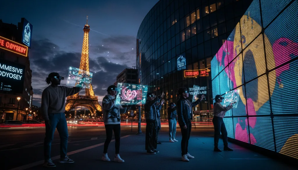 Una escena cautivadora que muestra las atracciones modernas de París, diseñadas para experiencias inmersivas. En primer plano, un grupo diverso de visitantes, vestidos con ropa informal pero elegante, interactúan plenamente con pantallas de realidad aumentada e instalaciones de arte interactivas. En el plano medio, destaca la reluciente fachada de cristal de la Filarmónica de París, junto con las vibrantes luces de neón de los centros de experiencias inmersivas. Al fondo, la icónica Torre Eiffel brilla bajo el crepúsculo, creando una atmósfera mágica. El entorno cobra vida con colores y texturas vibrantes, resaltando un ambiente dinámico. La imagen captura una iluminación cinematográfica que añade profundidad y dramatismo, filmada desde un ángulo bajo para amplificar la grandeza de las estructuras, y renderizada en resolución 8K de ultra alta definición para mayor detalle y claridad.