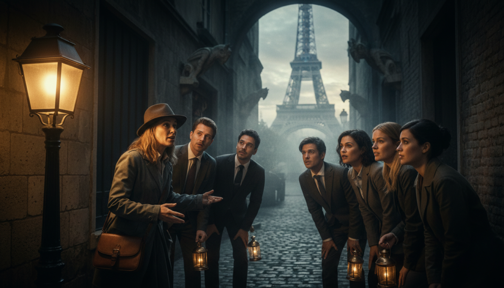 A captivating scene showcasing offbeat history and mystery tours in Paris, featuring a small group of diverse, curious tourists dressed in professional attire wandering through a dimly lit, narrow cobblestone alley. The foreground highlights a vintage lamp casting warm, golden light, illuminating the tour guide animatedly sharing intriguing tales. In the middle, enigmatic historical landmarks can be seen, with shadows and textures revealing hidden stories. The background features the iconic silhouette of the Eiffel Tower peeking through misty evening skies, hinting at the allure of Paris by night. The overall atmosphere is mysterious and enchanting, captured in a raw photograph style, 8k resolution, with cinematic lighting emphasizing depth and detail. A captivating scene showcasing offbeat history and mystery tours in Paris, featuring a small group of diverse, curious tourists dressed in professional attire wandering through a dimly lit, narrow cobblestone alley. The foreground highlights a vintage lamp casting warm, golden light, illuminating the tour guide animatedly sharing intriguing tales. In the middle, enigmatic historical landmarks can be seen, with shadows and textures revealing hidden stories. The background features the iconic silhouette of the Eiffel Tower peeking through misty evening skies, hinting at the allure of Paris by night. The overall atmosphere is mysterious and enchanting, captured in a raw photograph style, 8k resolution, with cinematic lighting emphasizing depth and detail.