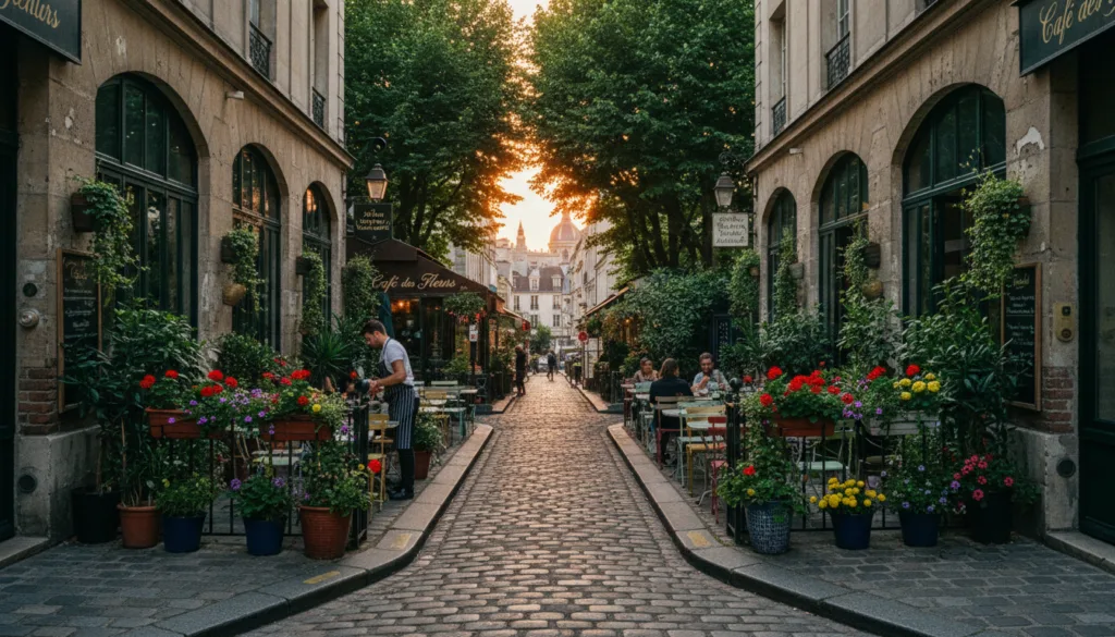 Una cautivadora escena callejera en un barrio parisino menos conocido, que muestra encantadoras calles empedradas repletas de pintorescos cafés y tiendas de artesanía. En primer plano, una pequeña terraza al aire libre adornada con coloridas flores invita a los visitantes a disfrutar de un café con tranquilidad. En el plano medio, destacan edificios vibrantes con fachadas rústicas, cada ventana rebosante de plantas en macetas, que reflejan el carácter local. Al fondo, las icónicas siluetas de la arquitectura parisina se asoman entre los árboles, iluminadas por la suave luz dorada del atardecer que proyecta delicadas sombras sobre el pavimento. El ambiente es cálido y acogedor, creando una sensación de descubrimiento y tranquilidad en este rincón escondido de París. Lente: 35 mm, enfoque profundo, capturando texturas de gran detalle en resolución 8k.