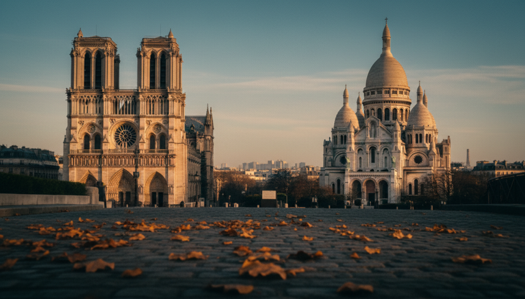 A captivating view of free churches and sacred architecture in Paris, featuring the stunning facades of Notre-Dame Cathedral and Sacré-Cœur Basilica. In the foreground, delicate autumn leaves scatter on the cobblestone streets, inviting a sense of tranquility. The middle ground showcases the intricate details of the cathedral’s Gothic spires and the white domes of Sacré-Cœur, bathed in soft, golden hour sunlight that highlights the exquisite textures of stone and marble. In the background, the iconic Parisian skyline fades into a serene twilight sky. The composition should capture the ethereal atmosphere of Paris, with a cinematic depth of field to create a rich, immersive experience, emphasizing the grandeur and spiritual essence of these architectural marvels. Aim for a raw photograph style in 8k resolution, focusing on realistic details and captivating lighting.