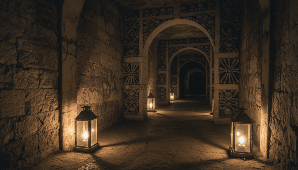 A captivating view of the Paris Catacombs, showcasing the intricate network of ancient tunnels adorned with artistic arrangements of human bones. In the foreground, weathered stone walls exhibit various textures, while scattered lanterns cast a warm, flickering glow, creating a mysterious atmosphere. The middle ground reveals a series of archways, leading deeper into the underground, inviting exploration. The background features a dimly lit pathway tapering off, disappearing into shadow. The perspective is slightly angled upwards, mimicking a cinematic shot to emphasize the depth and scale of the catacombs. The use of soft, atmospheric lighting adds an eerie yet enchanting mood, perfect for illustrating the underground allure of this hidden Parisian attraction. The image is in raw photographic quality, rendered in 8k resolution.