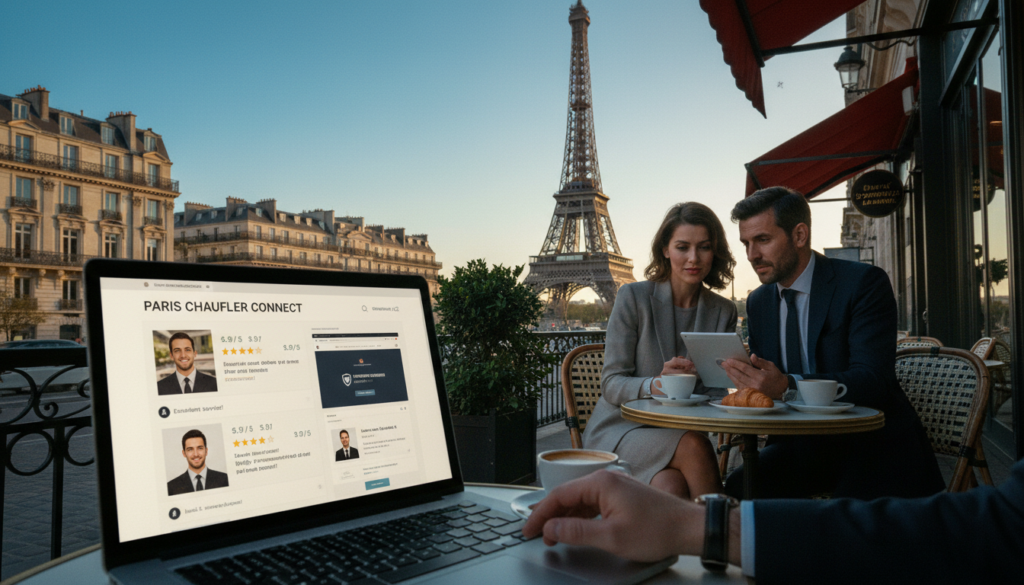 A carefully arranged scene comparing operators and verified review platforms for private driver tours in Paris. In the foreground, a detailed laptop screen displays a vibrant website interface showcasing driver profiles and customer ratings, with a hand scrolling through reviews. The middle ground features an elegantly dressed couple, presenting a sense of professionalism, discussing the options. They are seated at a stylish café with iconic Parisian decor. In the background, the Eiffel Tower stands majestically against a clear blue sky, bathed in warm, cinematic lighting. The atmosphere is inviting and sophisticated, emphasizing the quality of service. Capture this in a raw photograph style with highly detailed textures, rendered in 8k resolution.