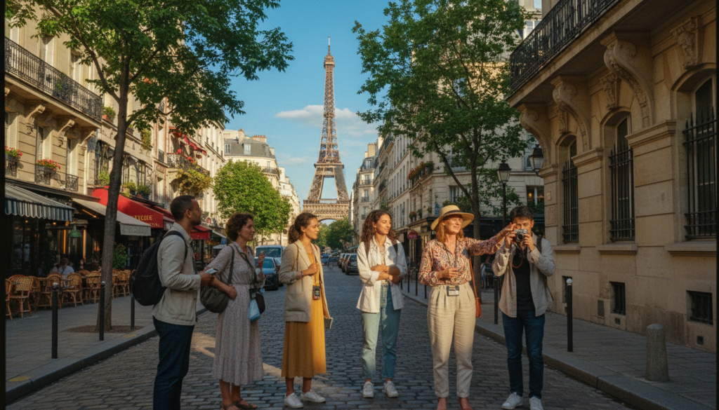 A charming Parisian street scene depicting a small group of six diverse tourists on a walking tour, casually exploring a quaint neighborhood. In the foreground, a middle-aged woman points out historical architecture, while another tourist takes photos with a camera. They are dressed in comfortable, modest casual clothing, reflecting a vibrant atmosphere. In the middle ground, trees with lush green leaves frame a narrow cobblestone street lined with colorful buildings and charming cafes, each showcasing intricate details and textures. In the background, the iconic silhouette of the Eiffel Tower rises subtly above the rooftops under clear blue skies. The lighting is warm and inviting, evoking a sense of wanderlust and enjoyment, captured in raw photograph style with cinematic lighting and 8k resolution.
