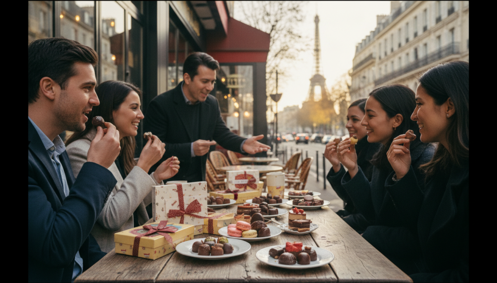 A charming Parisian street scene showcasing a secret food tour focused on chocolate and sweets. In the foreground, a small wooden table adorned with artisanal chocolate truffles, colorful macarons, and ornate pastry boxes, inviting viewers to indulge. Several people dressed in smart casual attire are sampling the treats, laughing and sharing stories, embodying the joy of culinary exploration. In the middle ground, a historic café with outdoor seating highlights Paris' romantic ambiance, while a friendly guide leads the group, pointing out local specialties. The background reveals iconic Parisian architecture under a soft, golden hour glow, with a hint of the Eiffel Tower peeking through distant tree branches. The scene is captured in an 8k resolution, with highly detailed textures, cinematic lighting emphasizing the warm, inviting atmosphere, making it feel intimate and attractive.