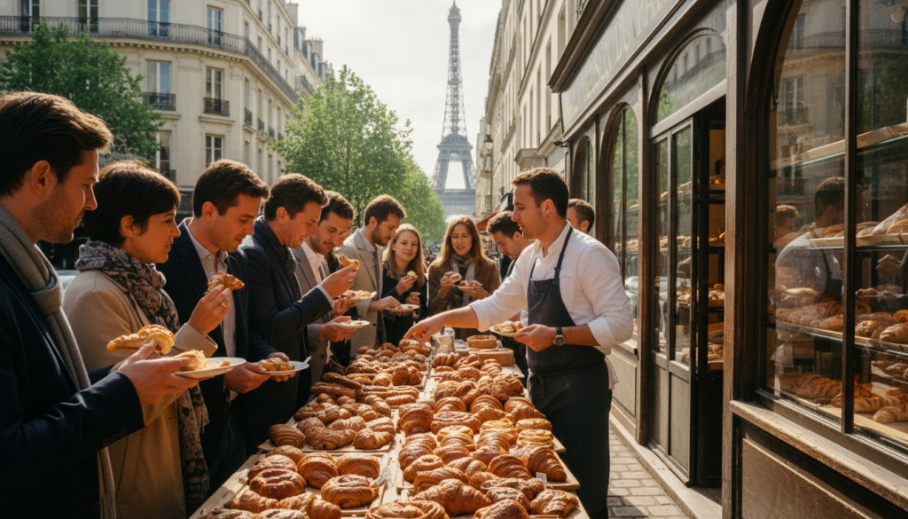 A charming Parisian street scene showcasing a vibrant croissant tasting tour. In the foreground, a diverse group of tourists, dressed in smart casual attire, are gathered around a quaint bakery counter overflowing with freshly baked croissants and assorted viennoiseries. The middle ground features an inviting bakery, adorned with rustic wood accents and large windows, displaying golden pastries that catch the morning sunlight. The background reveals iconic Parisian architecture, with elegant Haussmann buildings and a hint of the Eiffel Tower peeking through the trees. The atmosphere is lively yet cozy, enhanced by warm, cinematic lighting that casts soft shadows. The image is captured with an 85mm lens, focusing on the rich textures of the pastries and the joyful expressions of the participants, all in stunning 8k resolution.