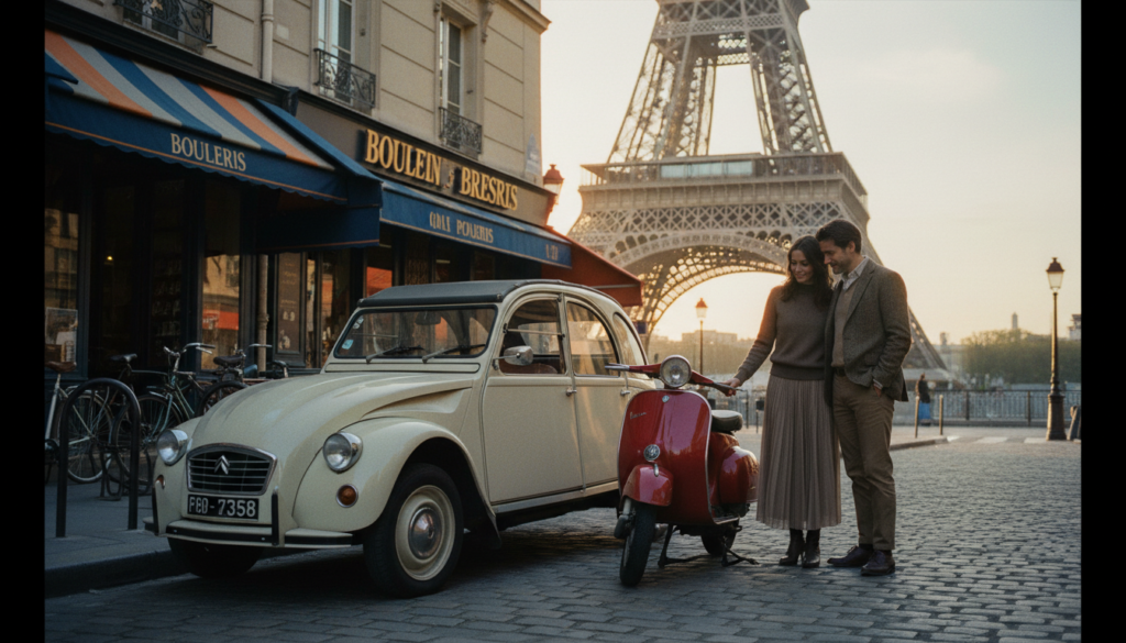 A charming street scene in Paris featuring unique vintage vehicles, such as a classic Citroën 2CV and a beautifully restored Vespa scooter, parked along a picturesque cobblestone street. In the foreground, a couple dressed in stylish, modest casual clothing is enjoying a leisurely moment, admiring the vehicles. Middle ground includes quaint boulangeries with colorful awnings and bicycle racks, while the iconic Eiffel Tower looms gracefully in the background, bathed in warm, cinematic lighting. The scene captures the romantic atmosphere of Paris, with soft shadows enhancing the textures of the vintage cars and the buildings. Shot from a low angle to emphasize the vehicles against the stunning cityscape, in high detail and 8k resolution. A charming street scene in Paris featuring unique vintage vehicles, such as a classic Citroën 2CV and a beautifully restored Vespa scooter, parked along a picturesque cobblestone street. In the foreground, a couple dressed in stylish, modest casual clothing is enjoying a leisurely moment, admiring the vehicles. Middle ground includes quaint boulangeries with colorful awnings and bicycle racks, while the iconic Eiffel Tower looms gracefully in the background, bathed in warm, cinematic lighting. The scene captures the romantic atmosphere of Paris, with soft shadows enhancing the textures of the vintage cars and the buildings. Shot from a low angle to emphasize the vehicles against the stunning cityscape, in high detail and 8k resolution.