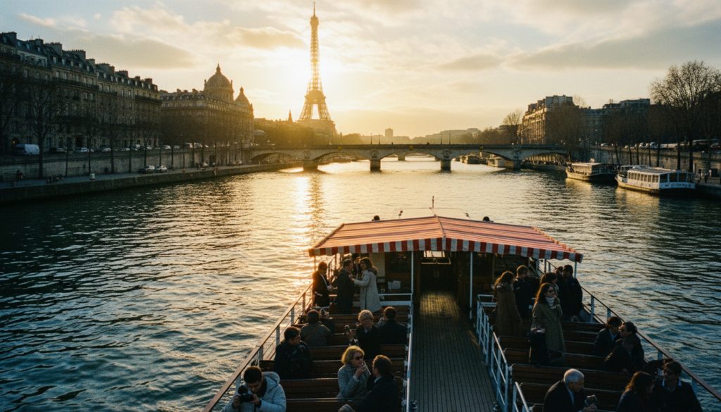 A classic river boat sightseeing cruise gliding along the Seine in Paris, showcasing a picturesque view. In the foreground, a charming boat adorned with bright red and white canopies, filled with elegantly dressed tourists enjoying the sights. The middle ground features the iconic Eiffel Tower and historic Parisian architecture lining the riverbanks, their reflections shimmering in the water. In the background, a vibrant, sunny sky with soft clouds casts warm golden light, enhancing the scene's inviting ambiance. The composition is captured from a slightly elevated angle, emphasizing the beauty of both the river and the majestic cityscape. The image is rendered in 8k resolution with highly detailed textures, creating a realistic and cinematic quality.