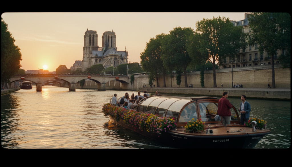 A classic sightseeing boat tour gliding smoothly along the Seine River in Paris, featuring a charming wooden boat adorned with colorful flowers and passengers in modest casual wear, capturing the essence of leisurely exploration. In the foreground, the rippling water reflects the warm glow of the setting sun, creating a serene ambiance. The middle ground showcases iconic Parisian landmarks such as the majestic Notre-Dame Cathedral and the elegant bridges, framed by lush green trees lining the riverbanks. In the background, a vibrant sunset casts a golden hue over the cityscape, enhancing the overall romantic atmosphere. The scene is shot with a cinematic lens, emphasizing the rich textures of the boat and the intricate architectural details, rendered in 8k resolution for stunning clarity.