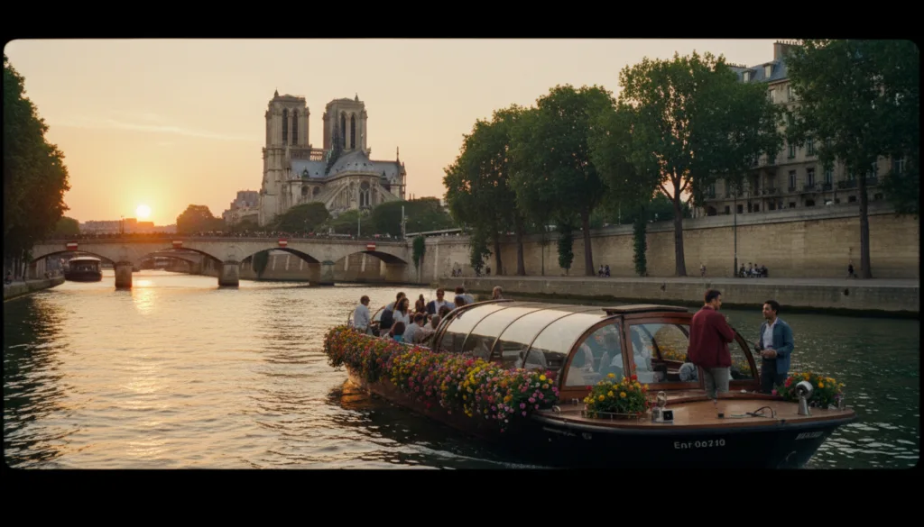 Un clásico paseo en barco turístico que se desliza suavemente por el río Sena en París, con una encantadora embarcación de madera adornada con coloridas flores y pasajeros vestidos con modesta ropa informal, captura la esencia de una exploración relajada. En primer plano, el agua ondulante refleja el cálido resplandor del atardecer, creando un ambiente sereno. En el plano medio se aprecian monumentos parisinos emblemáticos como la majestuosa Catedral de Notre-Dame y los elegantes puentes, enmarcados por frondosos árboles que bordean las riberas. Al fondo, una vibrante puesta de sol tiñe el paisaje urbano de un tono dorado, realzando la atmósfera romántica. La escena está filmada con una lente cinematográfica, que enfatiza las ricas texturas del barco y los intrincados detalles arquitectónicos, con una resolución 8K para una claridad impresionante.
