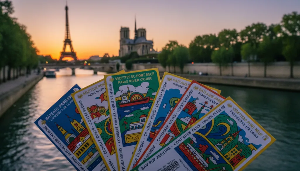 Au premier plan, une collection de billets de croisière sur la Seine au design soigné est mise en valeur, élégamment agencée avec des couleurs vibrantes et des motifs complexes. Au second plan, une vue sereine de la Seine se dessine, avec les monuments parisiens emblématiques tels que la Tour Eiffel et Notre-Dame qui se détachent sur un doux coucher de soleil doré. En arrière-plan, une végétation luxuriante borde les quais, créant une atmosphère paisible. Un éclairage cinématographique met en valeur les billets, projetant des ombres douces qui soulignent les textures et les détails de leurs motifs. Capturez cette scène en résolution 8K, en utilisant un léger effet de bascule et de décentrement pour évoquer une ambiance onirique et invitante, idéale pour donner envie aux visiteurs de découvrir le charme des croisières parisiennes.