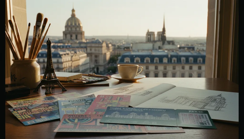 Une composition où une collection de billets de musées parisiens est mise en valeur au premier plan, révélant des couleurs éclatantes et des motifs complexes qui soulignent des sites majeurs comme le Louvre, le musée d'Orsay et le Centre Pompidou. Au second plan, une table élégamment dressée comprend des objets liés à l'art, tels que des pinceaux, un carnet de croquis et une maquette de la tour Eiffel, créant une atmosphère accueillante. L'arrière-plan offre une vue légèrement floue des monuments parisiens emblématiques sous un coucher de soleil chaleureux, baignant la scène d'une lueur romantique. Capturée avec un objectif 35 mm, l'image met en valeur la richesse des détails et des textures grâce à un éclairage cinématographique, suscitant un sentiment d'émerveillement et d'impatience chez les visiteurs partant à la découverte des trésors culturels de Paris.