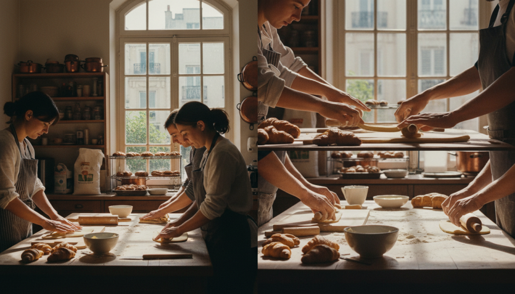 A cozy French baking workshop set in a charming Parisian kitchen, with sunlight streaming through large windows, creating a warm and inviting atmosphere. In the foreground, a group of participants, dressed in modest casual clothing, are engaged in hands-on croissant making, with dough and flour scattered on the wooden work surfaces. In the middle, close-ups of hands expertly shaping the dough and rolling it out convey the intricate process of croissant making. The background showcases shelves lined with baking tools, flour sacks, and freshly baked pastries, enhancing the authenticity of the culinary experience. The image is captured in 8k resolution with cinematic lighting to highlight the textures of the ingredients, evoking a sense of warmth and culinary passion.