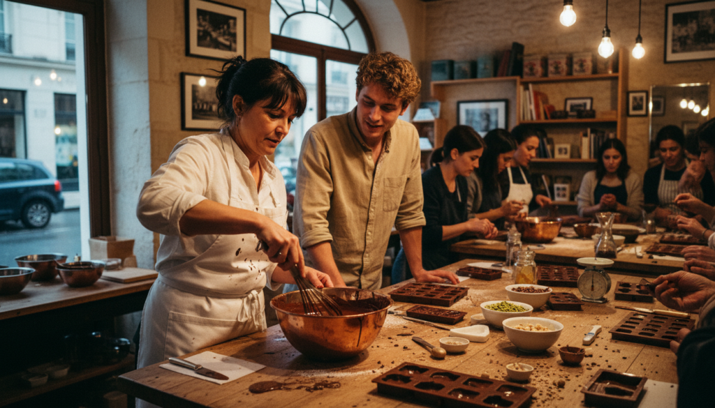 A cozy chocolate-making workshop in Paris, showcasing a diverse group of people engaged in a hands-on experience. In the foreground, a middle-aged woman with dark hair wearing a chef's apron carefully mixes melted chocolate in a shiny bowl, while a young man in casual attire watches closely, trying to learn. In the middle, a large wooden table is adorned with various chocolate molds, fresh ingredients, and tools, reflecting the artistry of chocolate craftsmanship. The background features an inviting space with vintage Parisian decor, including soft, warm lighting illuminating rich chocolate colors. The atmosphere is filled with excitement and creativity, creating a sense of intimacy and inspiration as participants explore the art of chocolate making. Capture this scene in a raw photograph style, with cinematic lighting and highly detailed textures, rendered in 8k resolution.