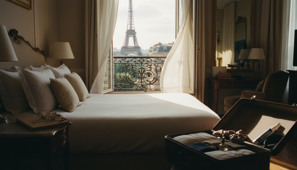 A cozy hotel room in Paris, elegantly styled with French decor. In the foreground, a neatly made bed with luxurious linens, a small travel guide and a pair of stylish reading glasses on the bedside table. In the middle, an open window revealing a scenic view of the Eiffel Tower, draped curtains fluttering softly in the breeze. On the floor, a suitcase is partially opened, with clothes and toiletries thoughtfully arranged as though preparing for a stay. The background features warm, natural light streaming in, creating a welcoming atmosphere. The mood is calm and inviting, capturing the anticipation of a Parisian adventure. The image is highly detailed, showcasing textures of fabric and furniture, in 8k resolution with cinematic lighting. A cozy hotel room in Paris, elegantly styled with French decor. In the foreground, a neatly made bed with luxurious linens, a small travel guide and a pair of stylish reading glasses on the bedside table. In the middle, an open window revealing a scenic view of the Eiffel Tower, draped curtains fluttering softly in the breeze. On the floor, a suitcase is partially opened, with clothes and toiletries thoughtfully arranged as though preparing for a stay. The background features warm, natural light streaming in, creating a welcoming atmosphere. The mood is calm and inviting, capturing the anticipation of a Parisian adventure. The image is highly detailed, showcasing textures of fabric and furniture, in 8k resolution with cinematic lighting.