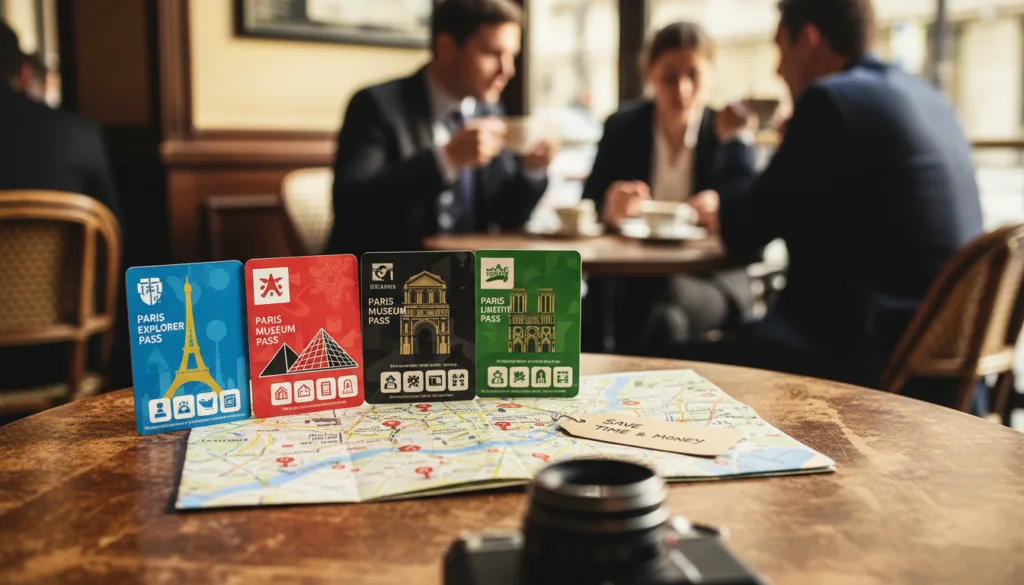 Un guide comparatif détaillé et visuellement attrayant des pass touristiques parisiens, présenté sur une élégante table en bois. Au premier plan, une sélection de pass colorés, soigneusement agencés, met en valeur des monuments emblématiques tels que la Tour Eiffel, le musée du Louvre et Notre-Dame, avec leurs logos et designs. Au second plan, une vue aérienne d'un plan de Paris, avec des marqueurs indiquant les attractions incluses dans les pass. En arrière-plan, un café parisien à l'éclairage tamisé, où des silhouettes floues en tenue professionnelle profitent d'un moment de détente. La scène, baignée d'une lumière chaude et cinématographique, souligne les couleurs éclatantes et les textures raffinées des pass et de la vaisselle, capturées en résolution 8K pour une netteté et un niveau de détail exceptionnels. L'atmosphère, à la fois accueillante et instructive, est idéale pour captiver les lecteurs en quête d'idées de voyage.