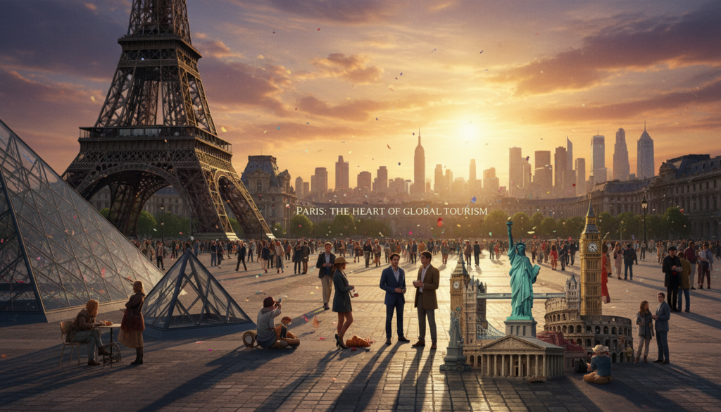 A detailed comparison of tourist attractions, highlighting Paris against other major cities. In the foreground, showcase iconic Paris landmarks such as the Eiffel Tower and the Louvre, artistically juxtaposed with smaller, recognizable monuments from cities like New York, London, and Rome, each represented by their landmarks. The middle ground features a vibrant, bustling city square with tourists engaging in cultural activities, dressed in smart casual clothing. In the background, a soft-focus representation of diverse city skylines under a vibrant sunset, casting warm, cinematic lighting. The overall atmosphere feels dynamic and inviting, emphasizing Paris as a magnet for global tourism. Create this scene in highly detailed textures, capturing the vibrancy and beauty in stunning 8k resolution.