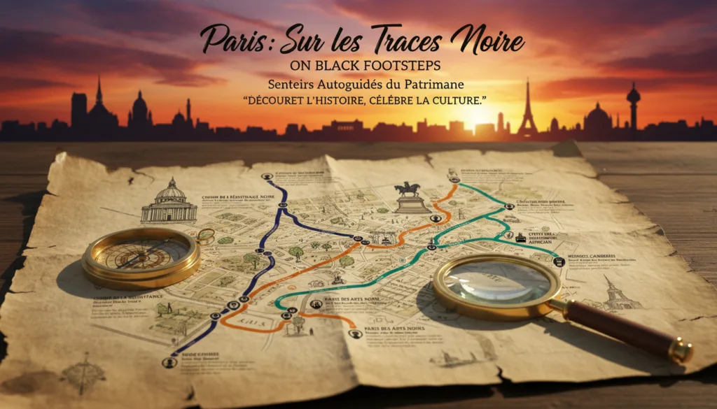 Une carte détaillée des parcours autoguidés sur le patrimoine noir parisien, mettant en valeur des sites emblématiques tels que le Panthéon, la place de la République et le Centre culturel africain. Au premier plan, des textures riches évoquant un parchemin ancien, avec une boussole vintage et une petite loupe élégante. Le plan intermédiaire présente un itinéraire magnifiquement illustré, aux couleurs vives, indiquant clairement les parcours et les points d'intérêt. À l'arrière-plan, l'architecture parisienne emblématique se découpe sur un coucher de soleil flamboyant, baigné d'une lumière chaude et cinématographique. L'ensemble dégage une impression d'exploration et de richesse culturelle, invitant le spectateur à découvrir l'histoire et l'héritage des personnes noires à Paris. Résolution 8K pour une netteté et une précision optimales. Une carte détaillée des parcours autoguidés sur le patrimoine noir parisien, mettant en valeur des sites emblématiques tels que le Panthéon, la place de la République et le Centre culturel africain. Au premier plan, des textures riches évoquant un parchemin ancien, avec une boussole vintage et une petite loupe élégante. Le plan intermédiaire présente un itinéraire magnifiquement illustré, aux couleurs vives, indiquant clairement les parcours et les points d'intérêt. À l'arrière-plan, l'architecture parisienne emblématique se découpe sur un coucher de soleil flamboyant, baigné d'une lumière chaude et cinématographique. L'ensemble dégage une impression d'exploration et de richesse culturelle, invitant le spectateur à découvrir l'histoire et l'héritage des personnes noires à Paris. Résolution 8K pour une netteté et une précision optimales.