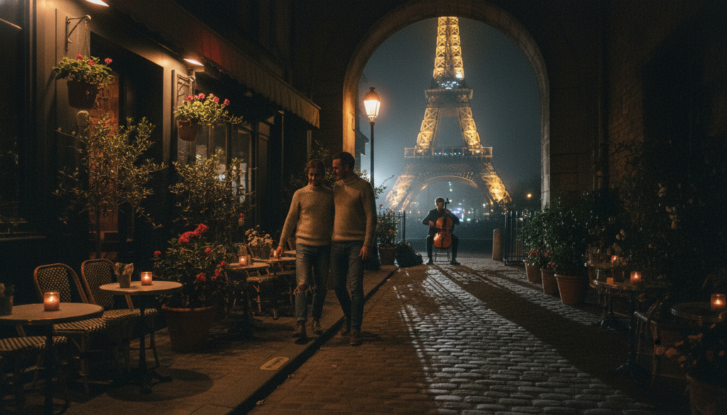 A dimly lit Paris street at night, showcasing mysterious alleyways illuminated by soft, warm street lamps. In the foreground, a couple dressed in modest casual clothing explores a hidden bistro with outdoor seating, surrounded by vibrant potted plants and flickering candlelight. In the middle ground, a street performer plays a haunting melody under a nearby archway, while shadows dance along the cobblestones. The background features the iconic silhouette of the Eiffel Tower partially obscured by mist, adding an air of enchantment. Capture this scene with a raw photographic style, emphasizing highly detailed textures and utilizing cinematic lighting for an atmospheric mood. The overall composition should evoke a sense of curiosity and discovery, perfect for an unusual late-night experience in Paris. 8k resolution. A dimly lit Paris street at night, showcasing mysterious alleyways illuminated by soft, warm street lamps. In the foreground, a couple dressed in modest casual clothing explores a hidden bistro with outdoor seating, surrounded by vibrant potted plants and flickering candlelight. In the middle ground, a street performer plays a haunting melody under a nearby archway, while shadows dance along the cobblestones. The background features the iconic silhouette of the Eiffel Tower partially obscured by mist, adding an air of enchantment. Capture this scene with a raw photographic style, emphasizing highly detailed textures and utilizing cinematic lighting for an atmospheric mood. The overall composition should evoke a sense of curiosity and discovery, perfect for an unusual late-night experience in Paris. 8k resolution.