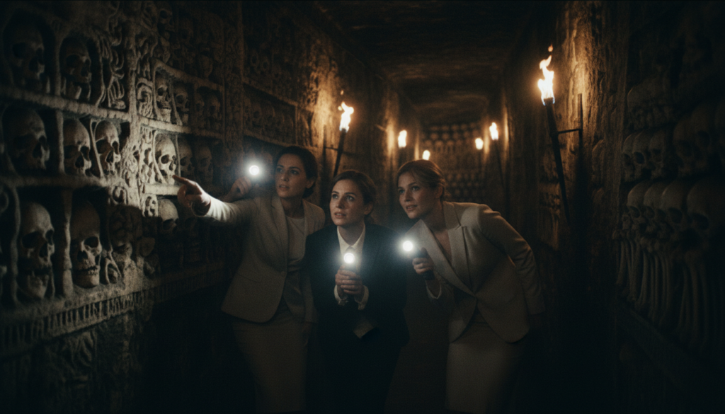 A dimly lit, exclusive behind-the-scenes view of a Paris catacomb tour, emphasizing the rich textures of ancient stone walls adorned with intricate carvings and aged skulls. In the foreground, a small group of well-dressed tourists in professional attire, each holding flashlights, peering curiously into the depths of the catacomb. The middle ground features a narrow, winding pathway illuminated by flickering torches casting dramatic shadows, enhancing the mysterious atmosphere. In the background, rows of human remains carefully arranged along the walls, creating an eerie yet respectful ambiance. The composition has a cinematic quality, captured with a shallow depth of field and a low angle, highlighting the grandeur of the underground setting, all presented in stunning 8k resolution with highly detailed textures.
